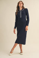 Navy Contrast Stitch Midi Sweater Dress