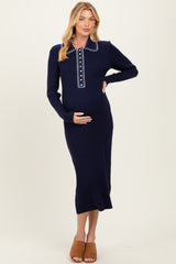 Navy Contrast Stitch Maternity Midi Sweater Dress