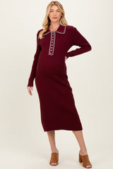Burgundy Contrast Stitch Maternity Midi Sweater Dress
