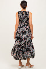 Black Floral Print Smocked Top Sleeveless Tiered Maxi Dress