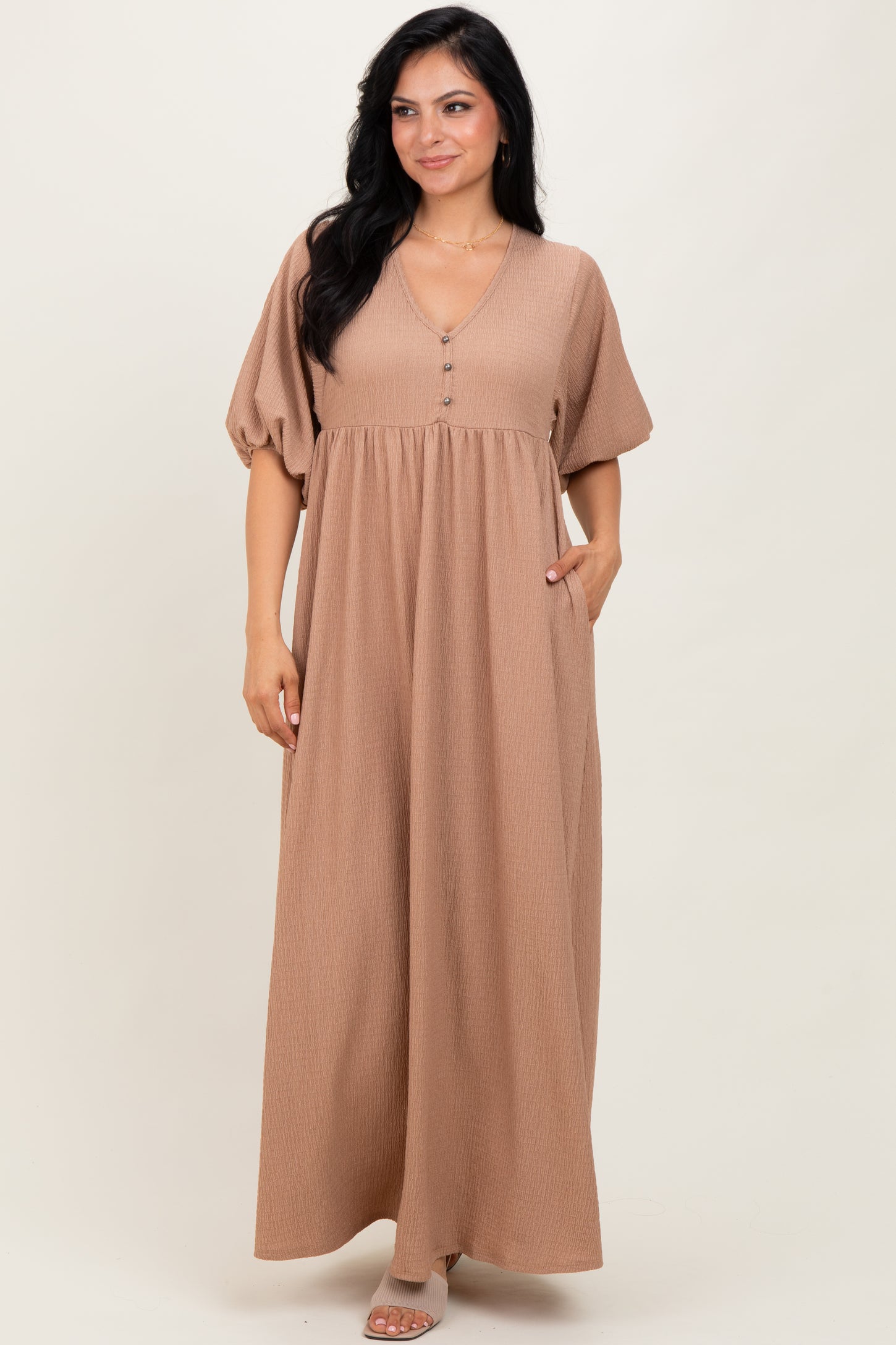 Beige Solid Woven 3/4 Sleeve V-Neck Button Down Maxi Dress