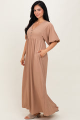 Beige Solid Woven 3/4 Sleeve V-Neck Button Down Maxi Dress