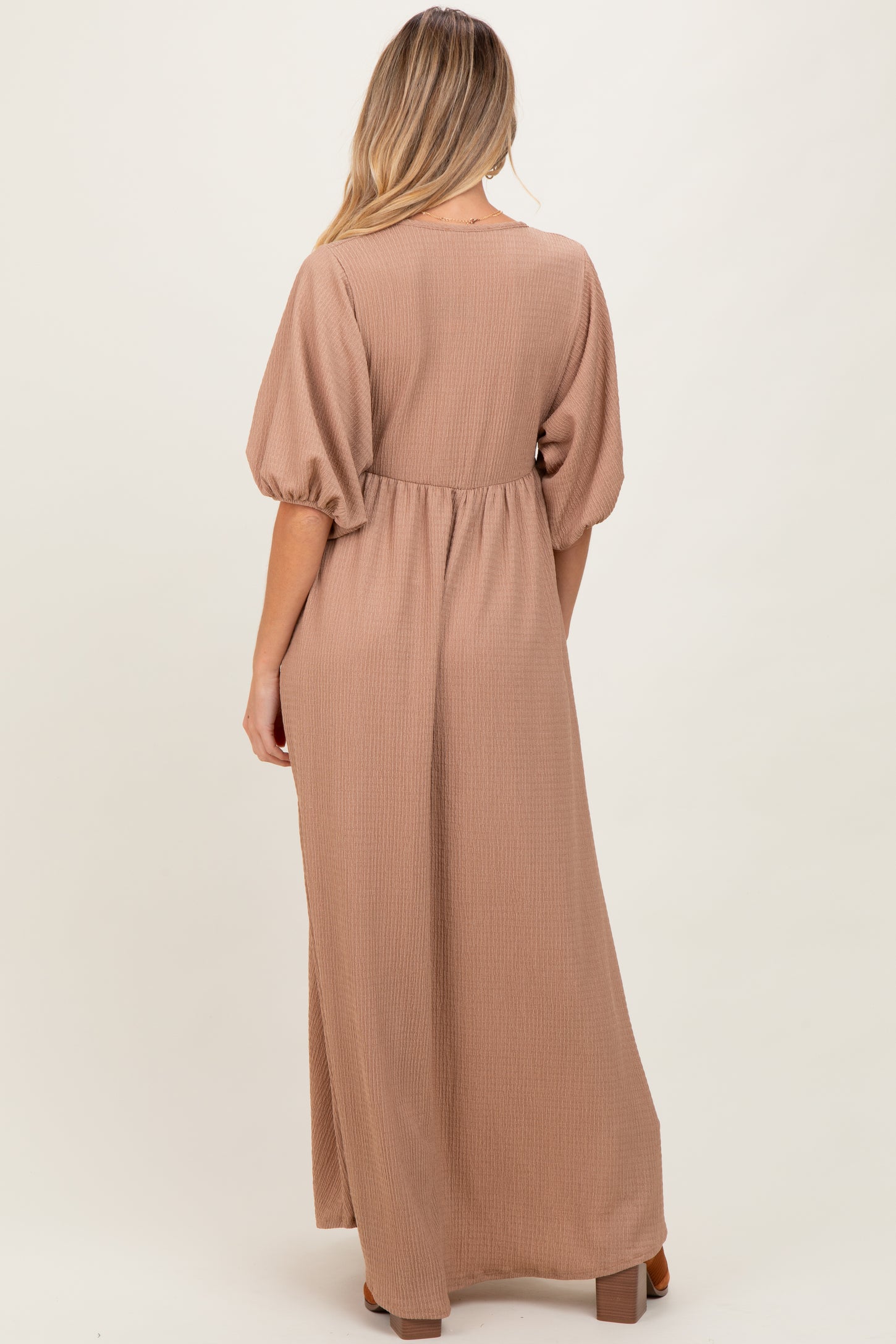 Beige Solid Woven 3/4 Sleeve V-Neck Button Down Maternity Maxi Dress