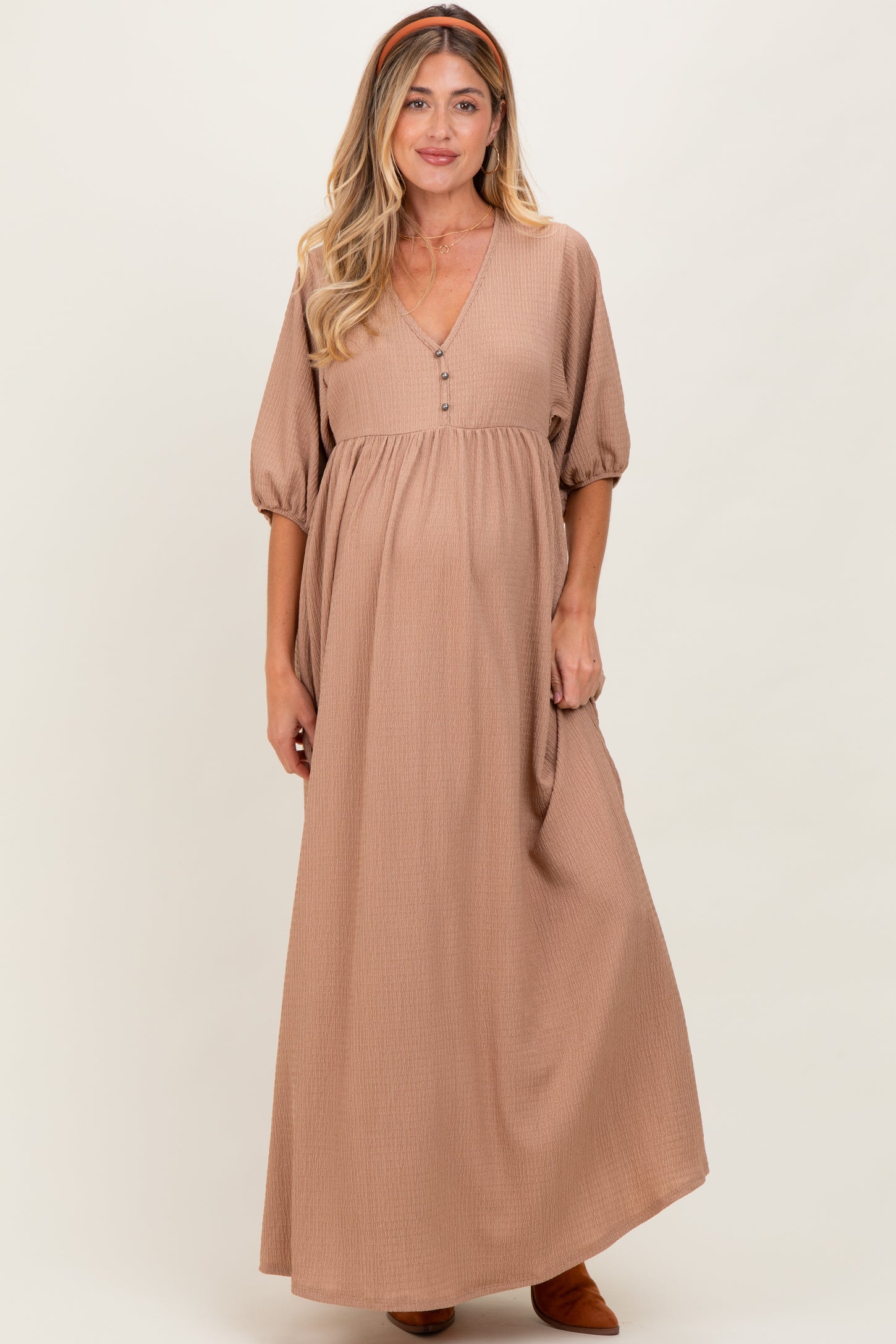 Beige Solid Woven 3/4 Sleeve V-Neck Button Down Maternity Maxi Dress