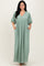 Sage Solid Woven 3/4 Sleeve V-Neck Button Down Maxi Dress