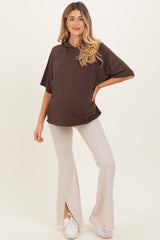 Brown Hooded Short Sleeve Maternity Top