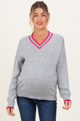 Heather Grey Contrast Detail V-Neck Maternity Sweater