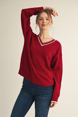 Burgundy Contrast Detail V-Neck Maternity Sweater