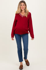 Burgundy Contrast Detail V-Neck Maternity Sweater