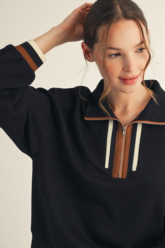 Black Contrast Trim Half Zip Sweatshirt