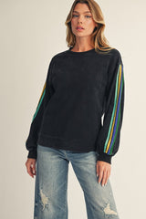 Black Mineral Wash Velvet Stripe Detail Sweatshirt