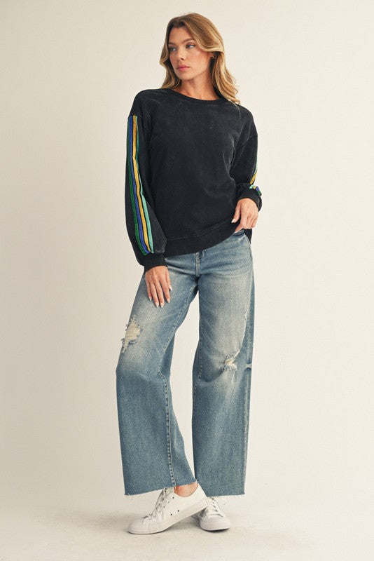 Black Mineral Wash Velvet Stripe Detail Sweatshirt