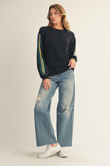 Black Mineral Wash Velvet Stripe Detail Sweatshirt