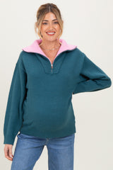 Dark Teal Contrast Collar Half Zip Maternity Sweater