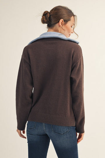 Brown Contrast Collar Half Zip Sweater