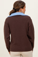 Brown Contrast Collar Half Zip Maternity Sweater