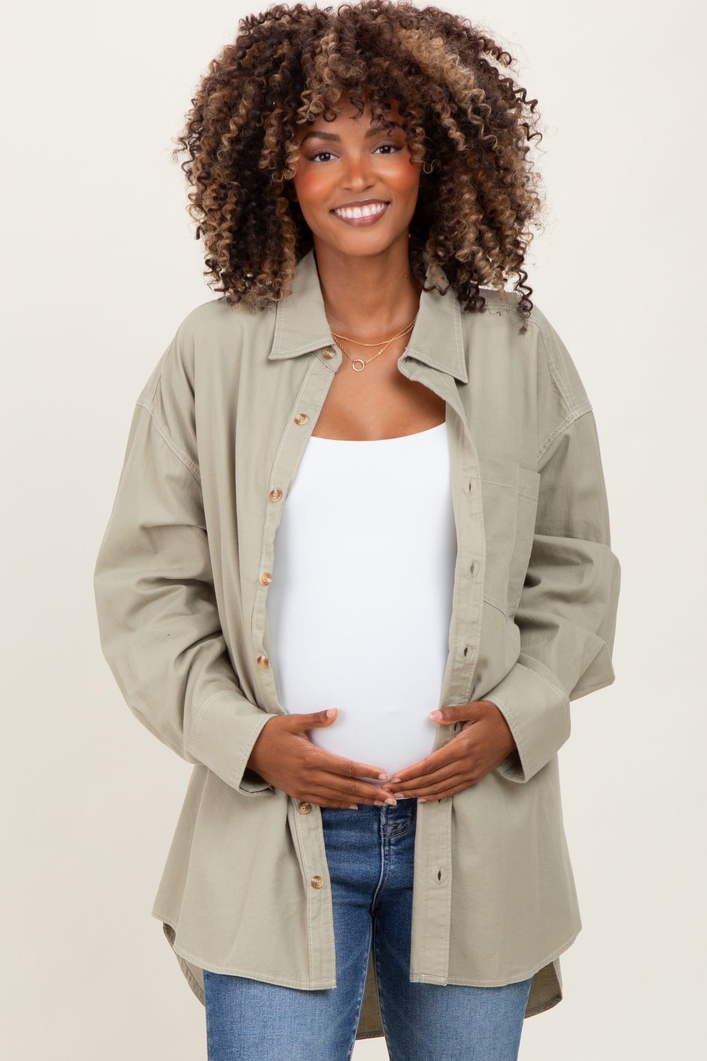 Light Olive Chambray Button Down Maternity Top
