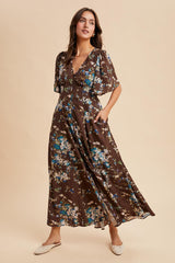 Brown Floral Flutter Button Down Maxi Dress