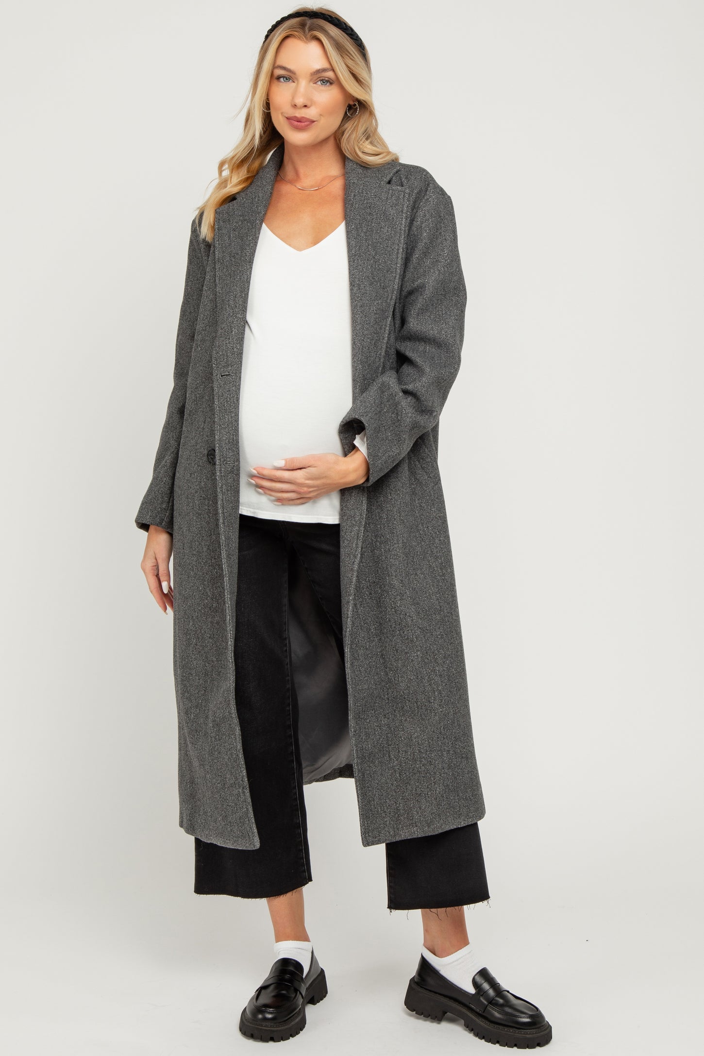 Charcoal Felted Double Breasted Lapel Duster Maternity Coat