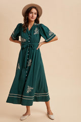Emerald Embroidered Button Down Maxi Dress