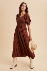 Brown Smocked Tiered Maxi Dress