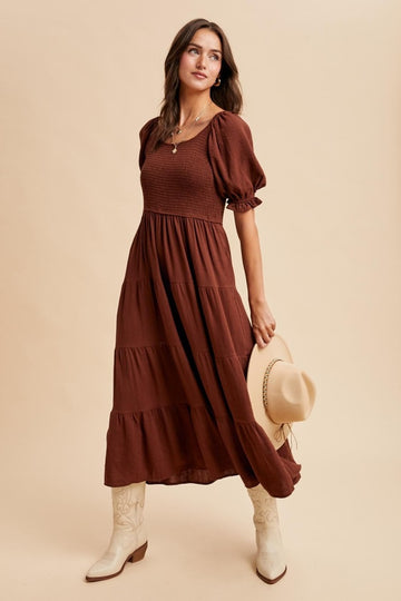 Brown Smocked Tiered Maxi Dress