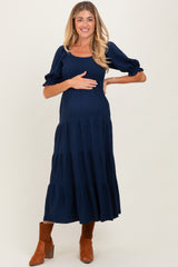 Navy Smocked Tiered Maternity Maxi Dress