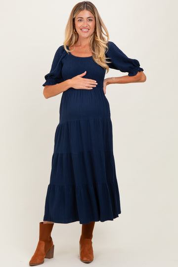 Navy Smocked Tiered Maternity Maxi Dress