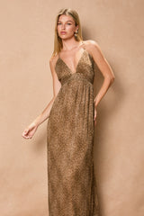 Bronzed Animal Print Plunging Maxi Dress