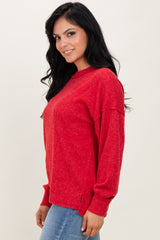 Red Brushed Ribbed Knit Pullover