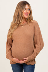 Camel Brushed Ribbed Knit Maternity Pullover