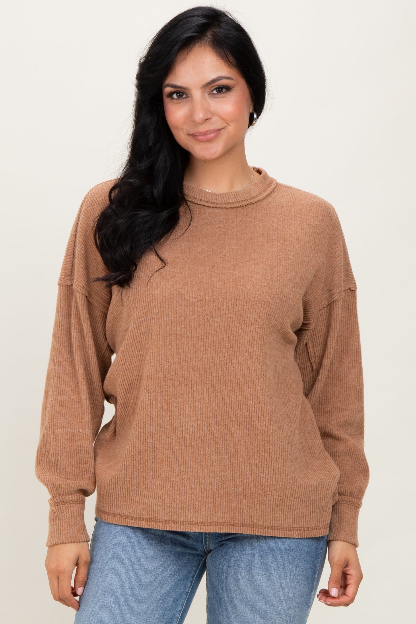 Camel Brushed Ribbed Knit Pullover