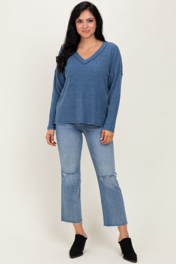 Dusty Blue Ribbed V-Neck Long Sleeve Top