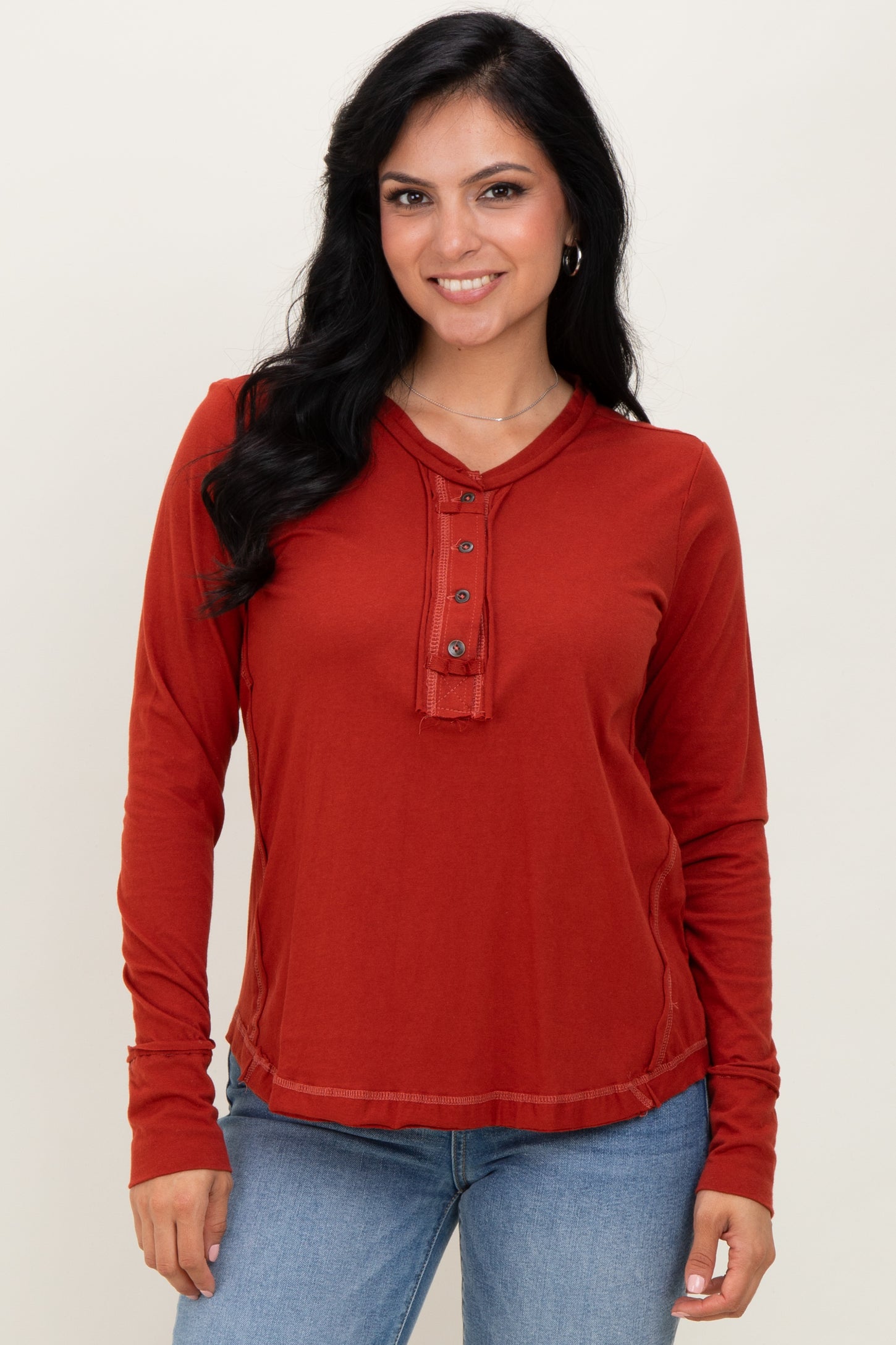 Rust Long Sleeve Exposed Seam Maternity Top