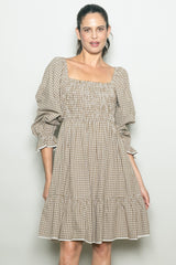 Beige Vintage Checked Plaid Square-Neck Maternity Dress