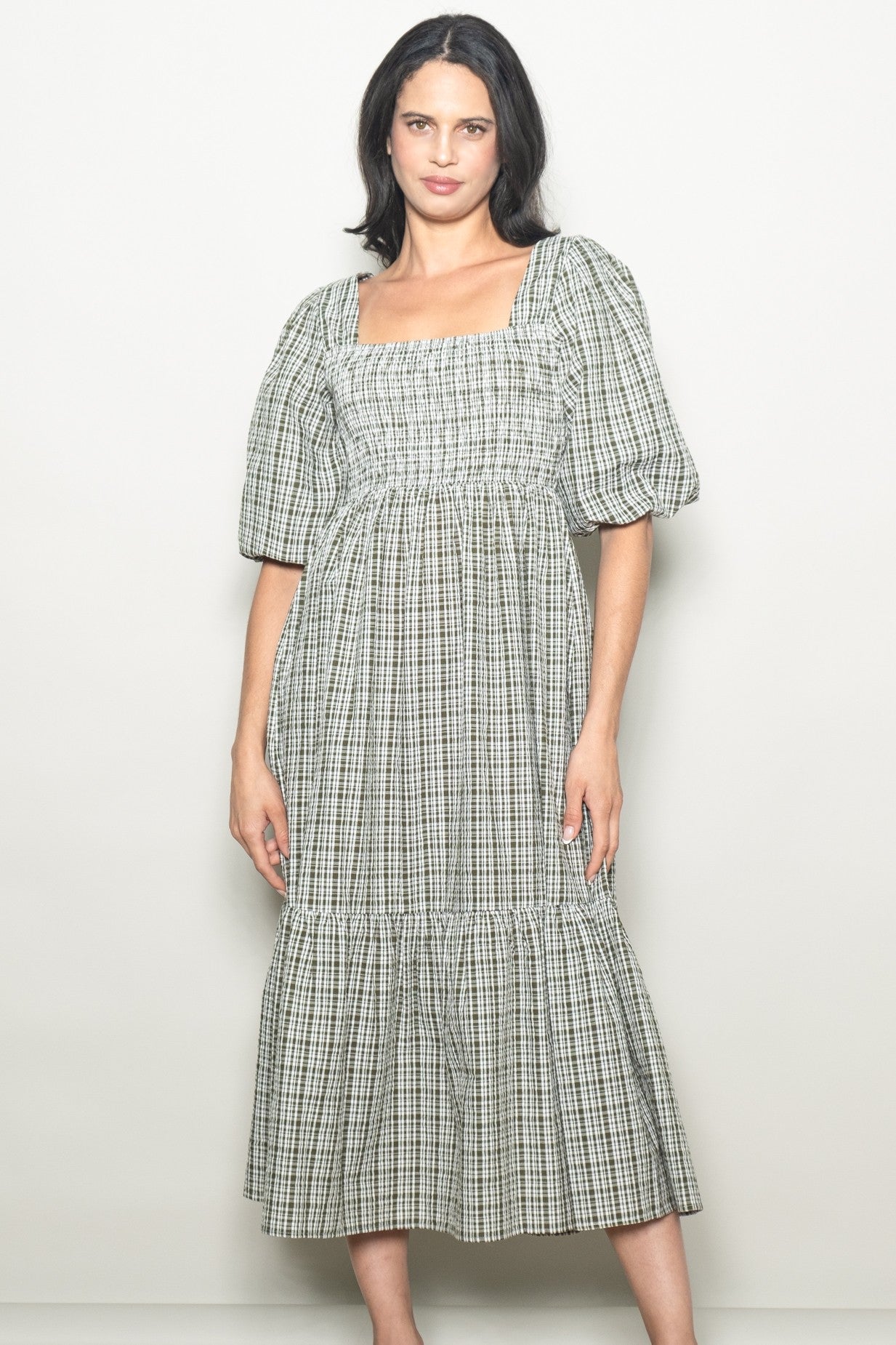 Sage Plaid  Bubble Sleeve Maternity Dress