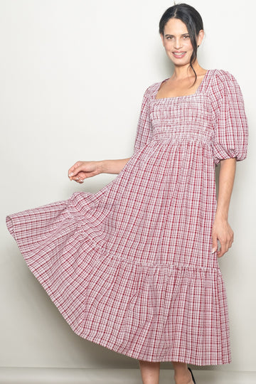 Red Plaid  Bubble Sleeve Dress