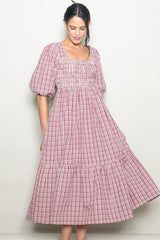 Red Plaid  Bubble Sleeve Dress