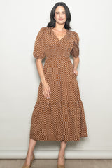 Coffee Polka Dots V Neck Flowy Maternity Dress