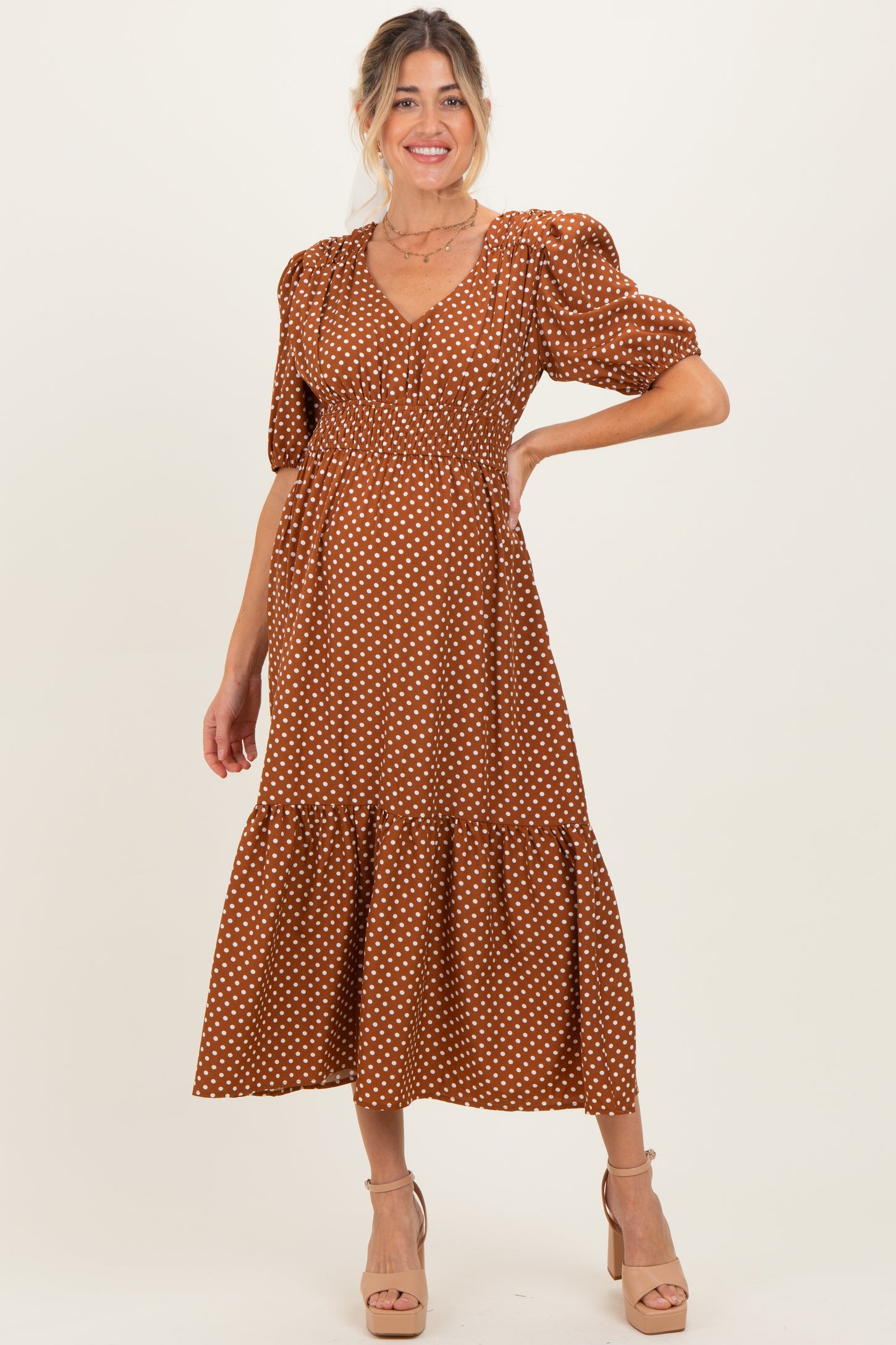 Coffee Polka Dots V Neck Flowy Maternity Dress