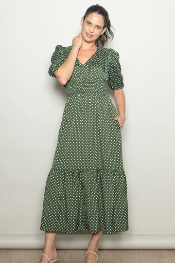 Green Polka Dots V Neck Flowy Dress