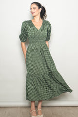 Green Polka Dots V Neck Flowy Dress