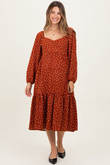 Rust Polka Dots Sweetheart Neck Maternity Midi Dress