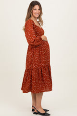 Rust Polka Dots Sweetheart Neck Maternity Midi Dress
