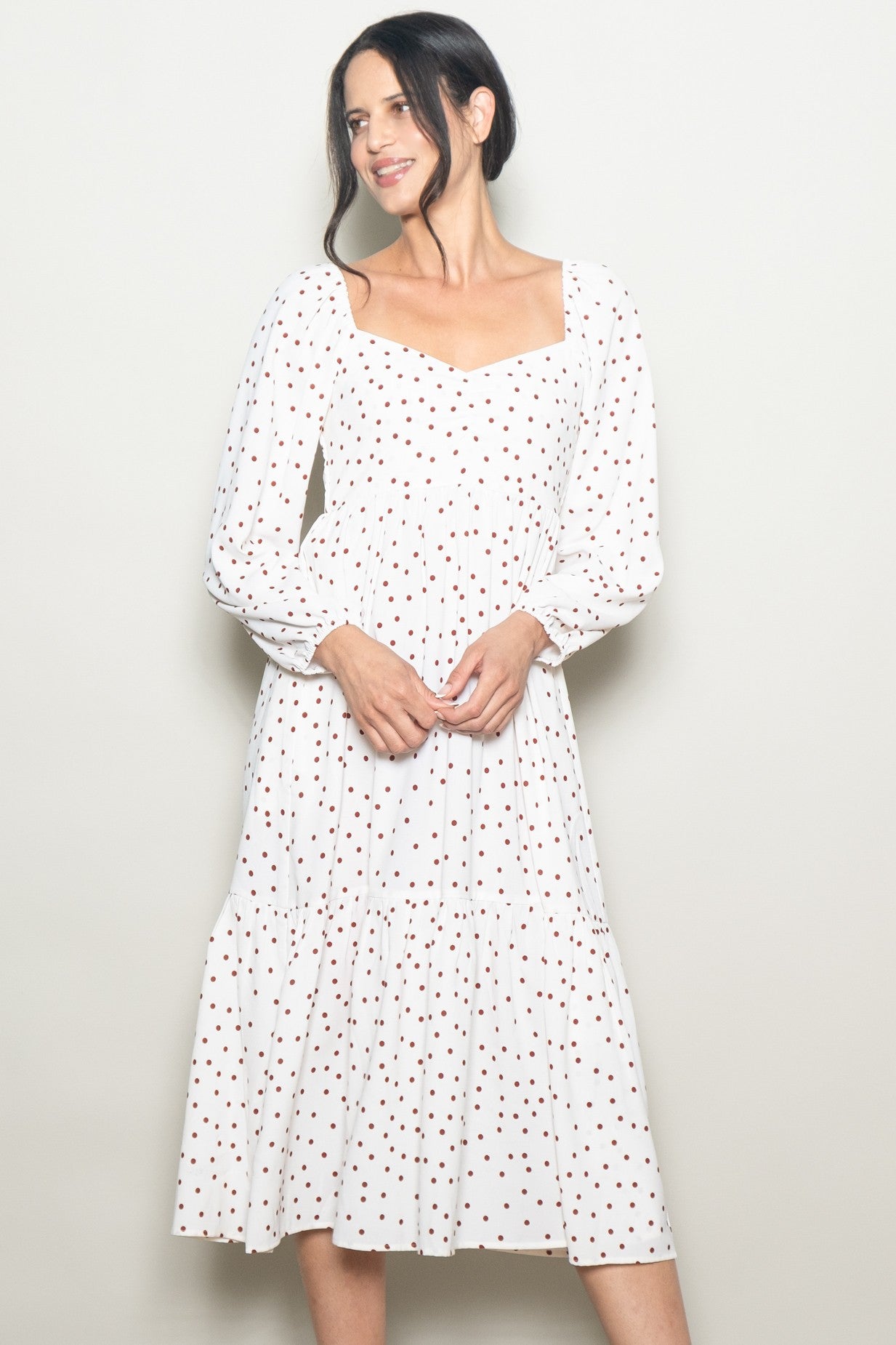 Cream Polka Dots Sweetheart Neck Midi Dress