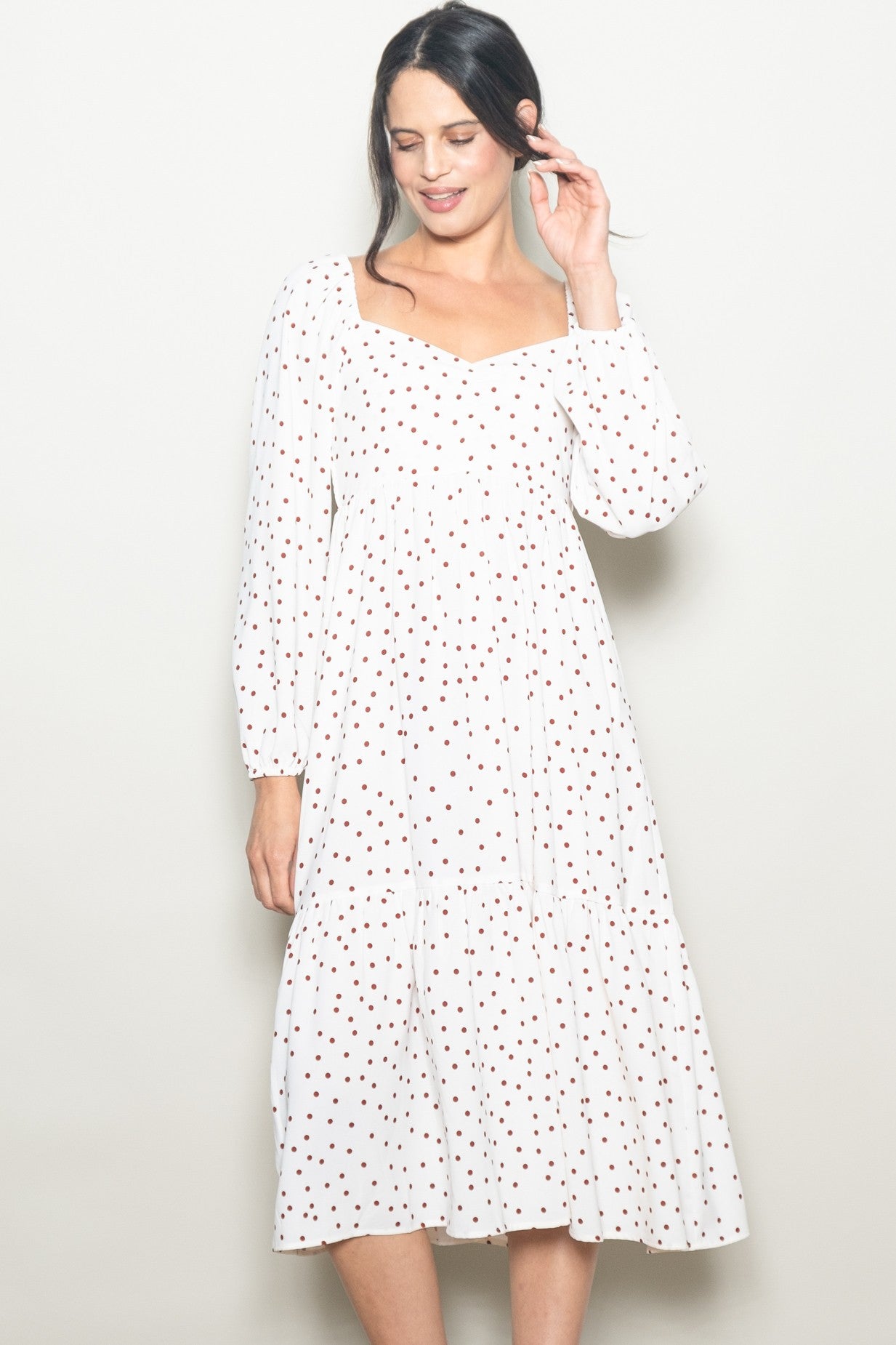 Cream Polka Dots Sweetheart Neck Midi Dress