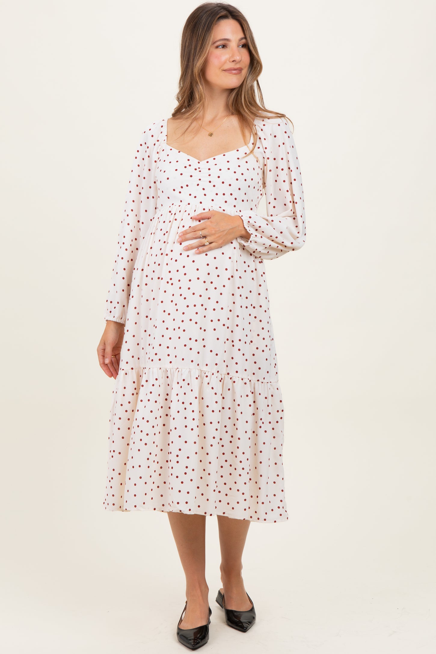 Cream Polka Dots Sweetheart Neck Maternity Midi Dress