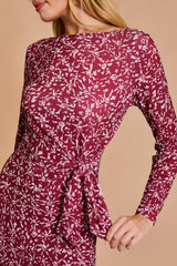 Wine Abstract Waist Tie Detail Long Sleeve Midi Dress