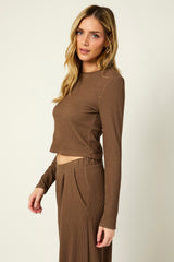 Coffee Long Sleeve Top Pleated Wide Leg Pants Texture Set