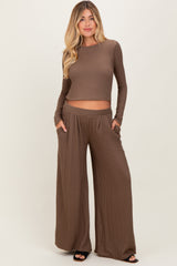 Coffee Long Sleeve Top Pleated Wide Leg Pants Texture Maternity Set